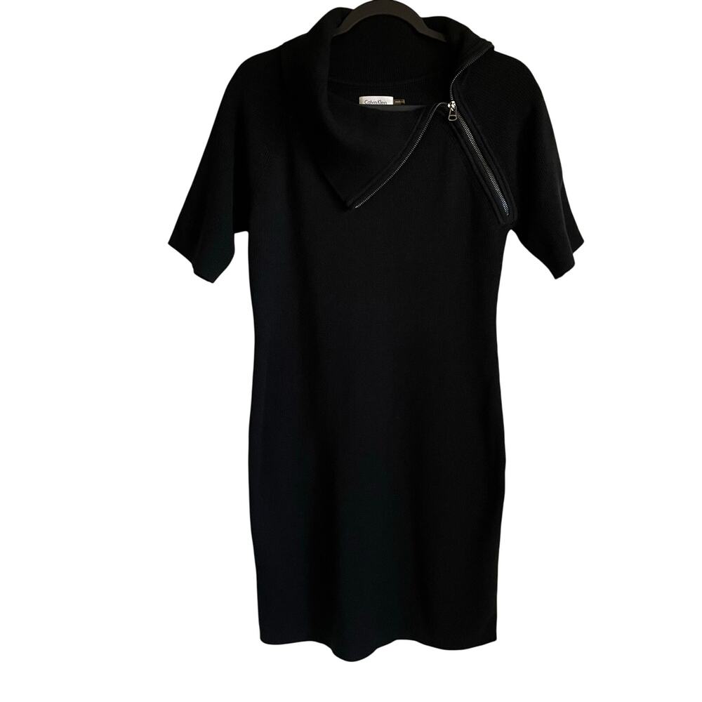 Calvin Klein Sweater Dress M Short Sleeve Asymmetric Zip Cowl Neck Black Chic